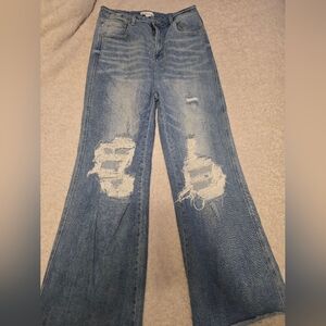Trendy Distressed Wide Leg Jeans in Classic Blue